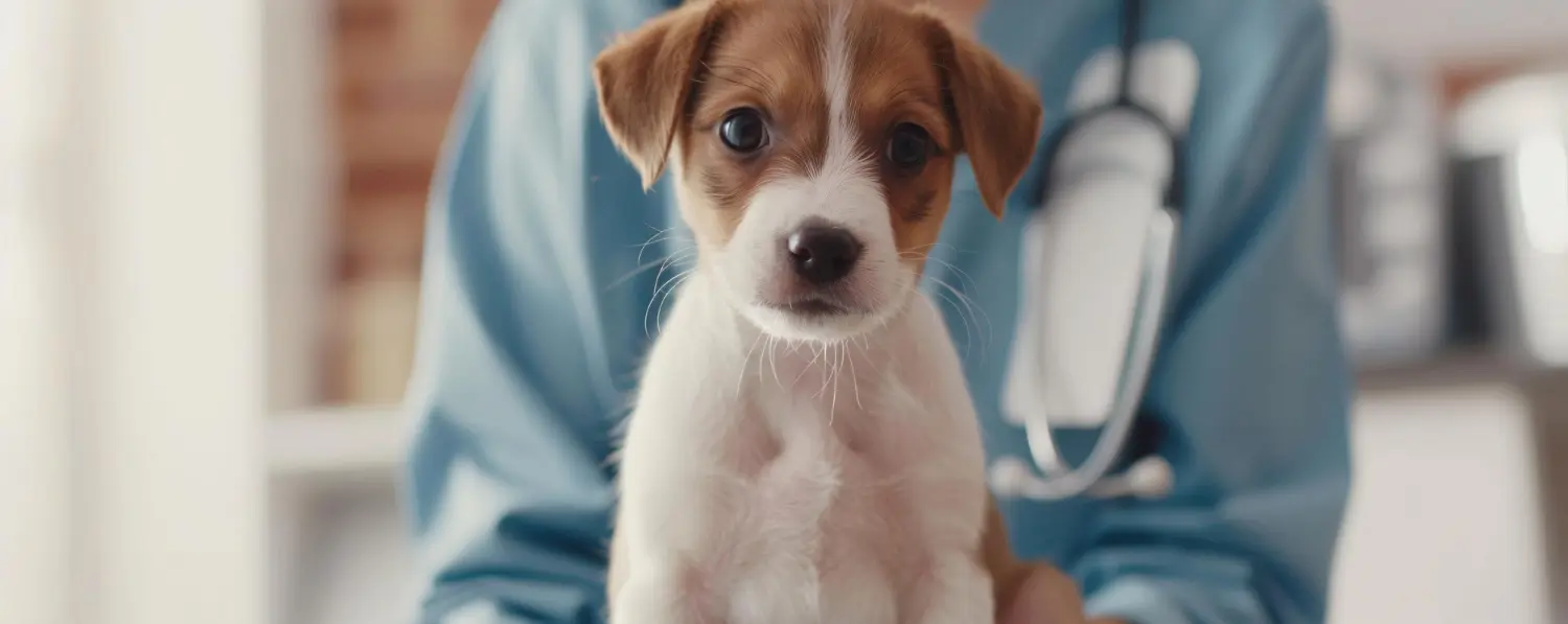 Tiny Jack Russell puppy sitting safely in a veterinarian's arms with a stethoscope visible in the background of an animal hospital