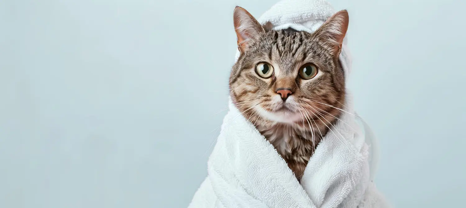 A brown tabby cat wrapped in a white towel after a bath, against a pale blue background