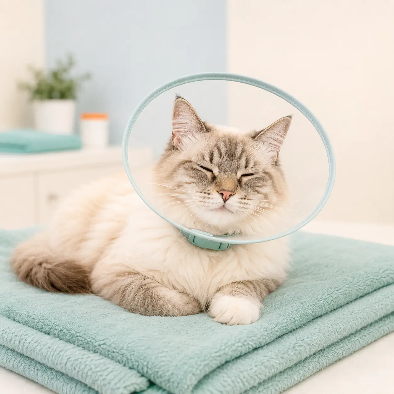 A cat resting comfortably in recovery after surgery at Petbook Veterinary Clinic Dubai