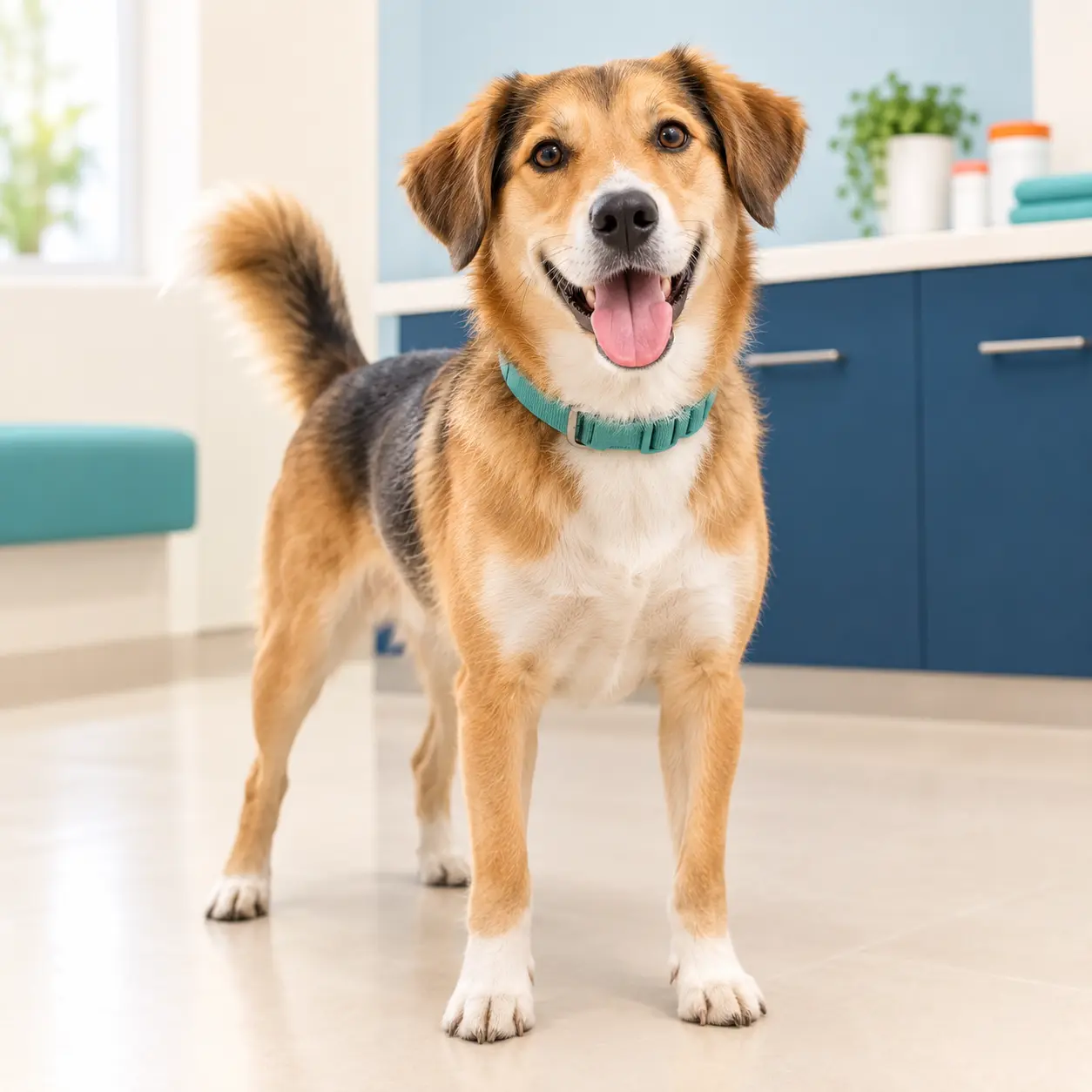 A happy medium-sized dog with its owner at Petbook Veterinary Clinic in Al Quoz, Dubai