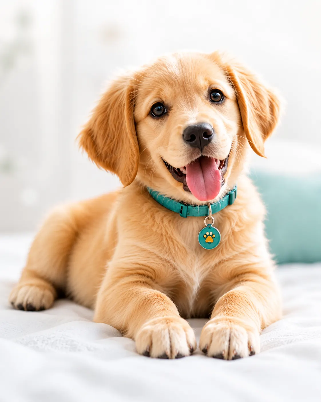 A happy golden retriever puppy ready for its first vaccination package at Petbook Vet Clinic Dubai