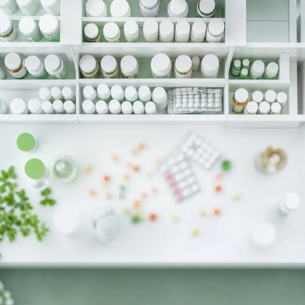Bright pharmacy counter and shelves stocked with plain white medicine bottles