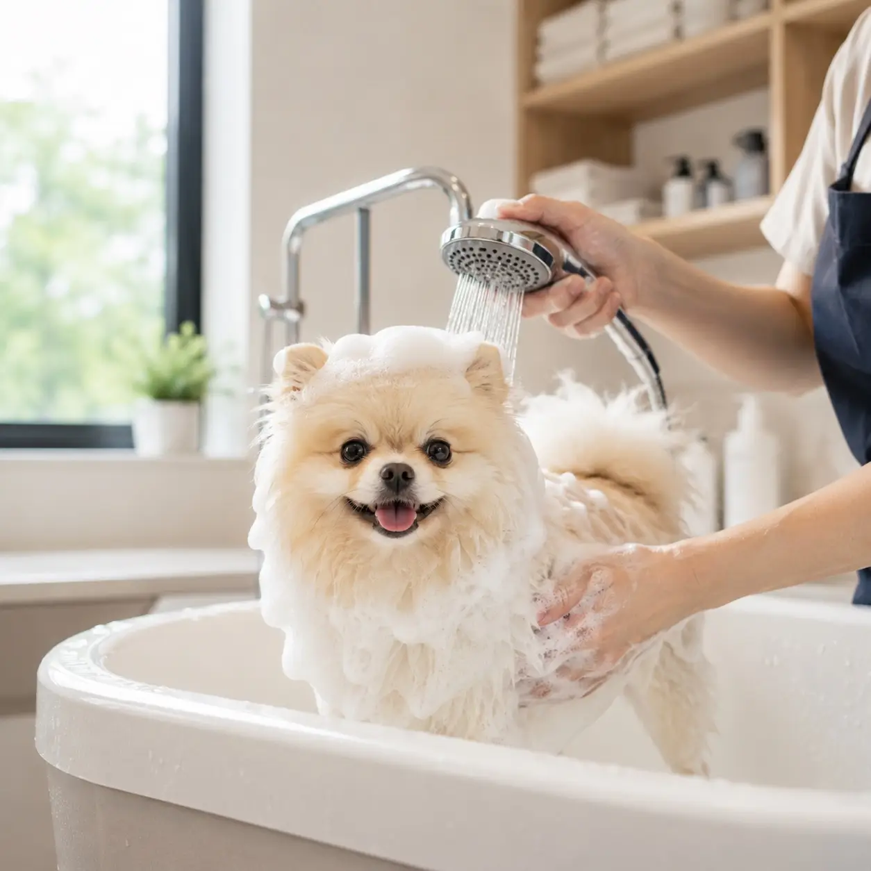 A small fluffy dog being washed with shampoo foam in a grooming bathtub