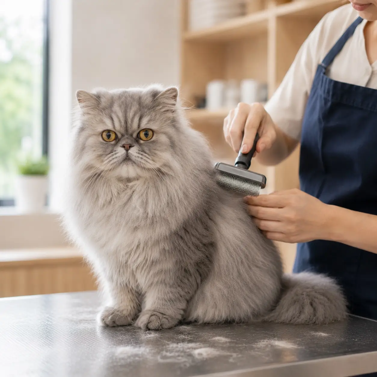 A long-haired grey Persian cat being brushed with a slicker brush on a grooming table