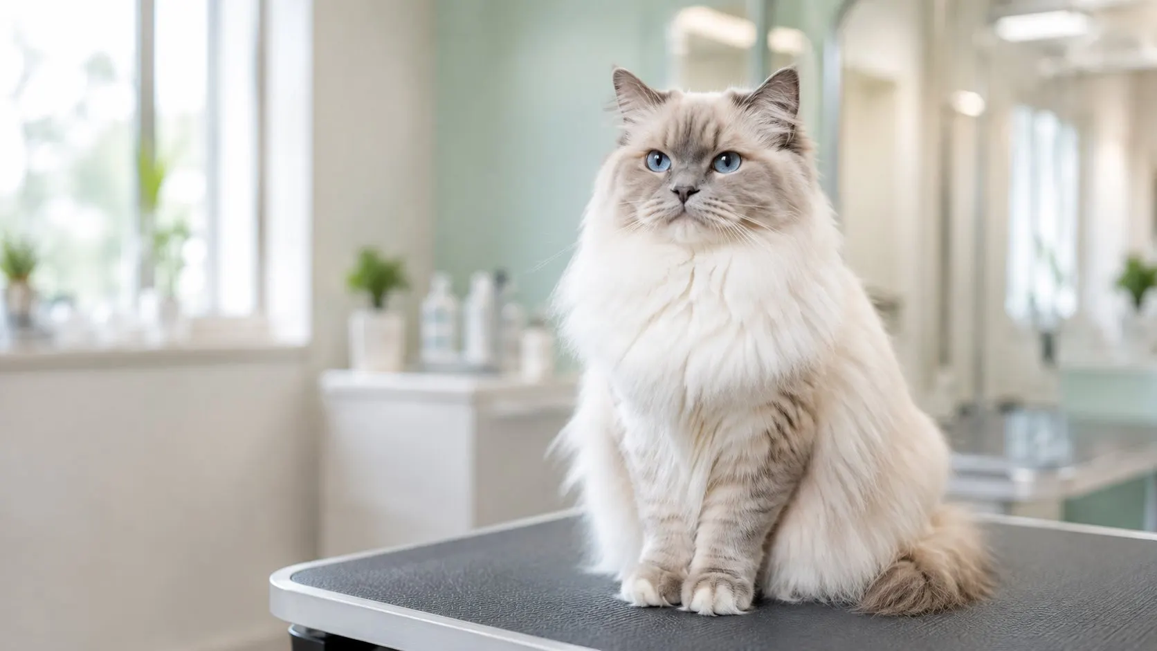 A freshly groomed fluffy Ragdoll cat sitting calmly on a grooming table in a bright Dubai veterinary clinic