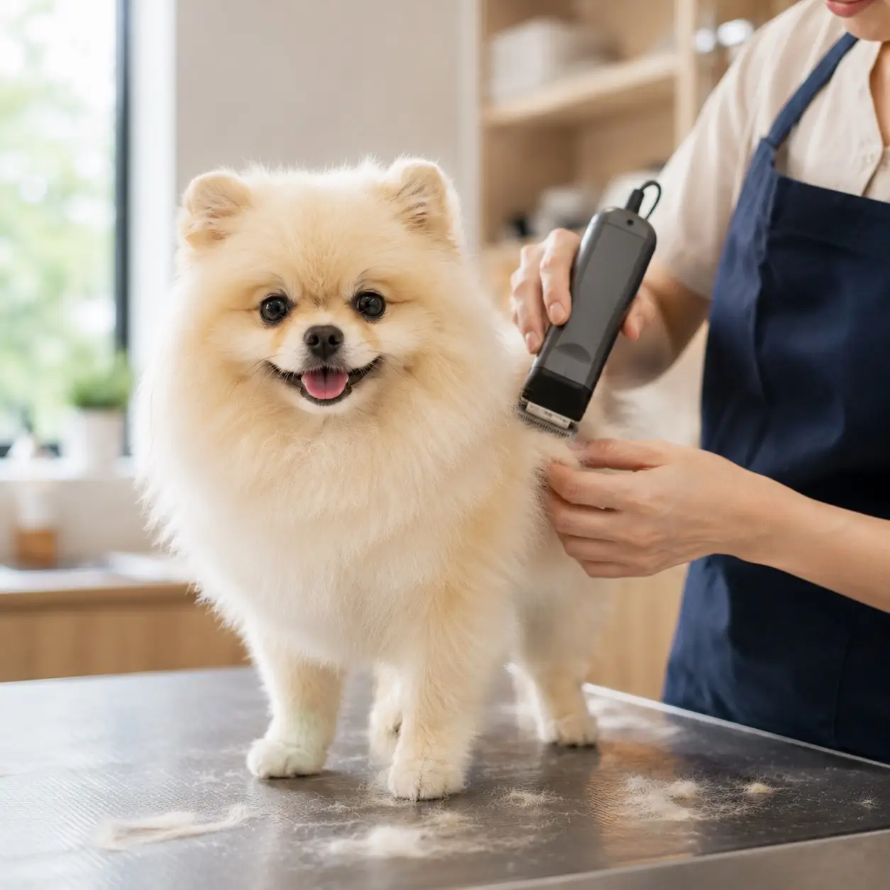 A groomer trimming a small dog's coat with electric clippers on a grooming table