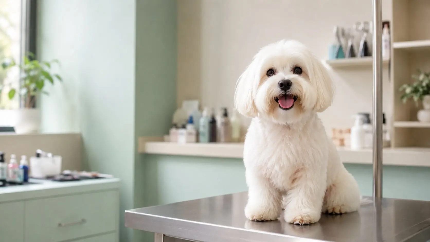 A freshly groomed happy white Maltese dog sitting on a grooming table in a bright veterinary clinic in Dubai