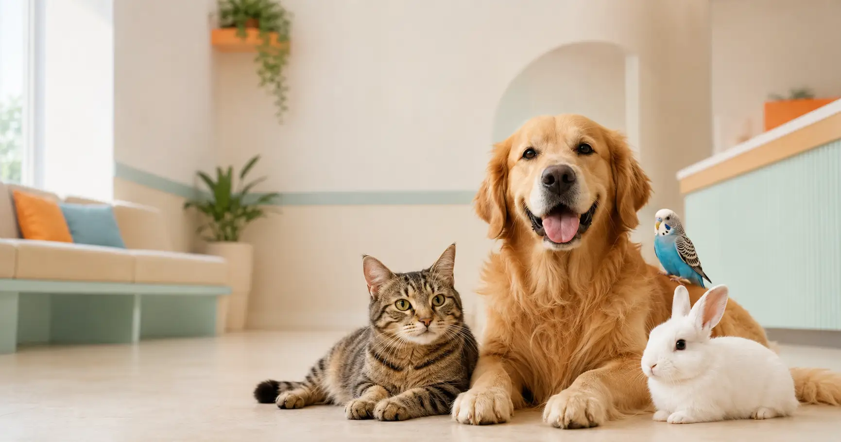 A cat, a golden retriever, a budgie and a rabbit together in the bright waiting area of Petbook Vet Clinic in Dubai