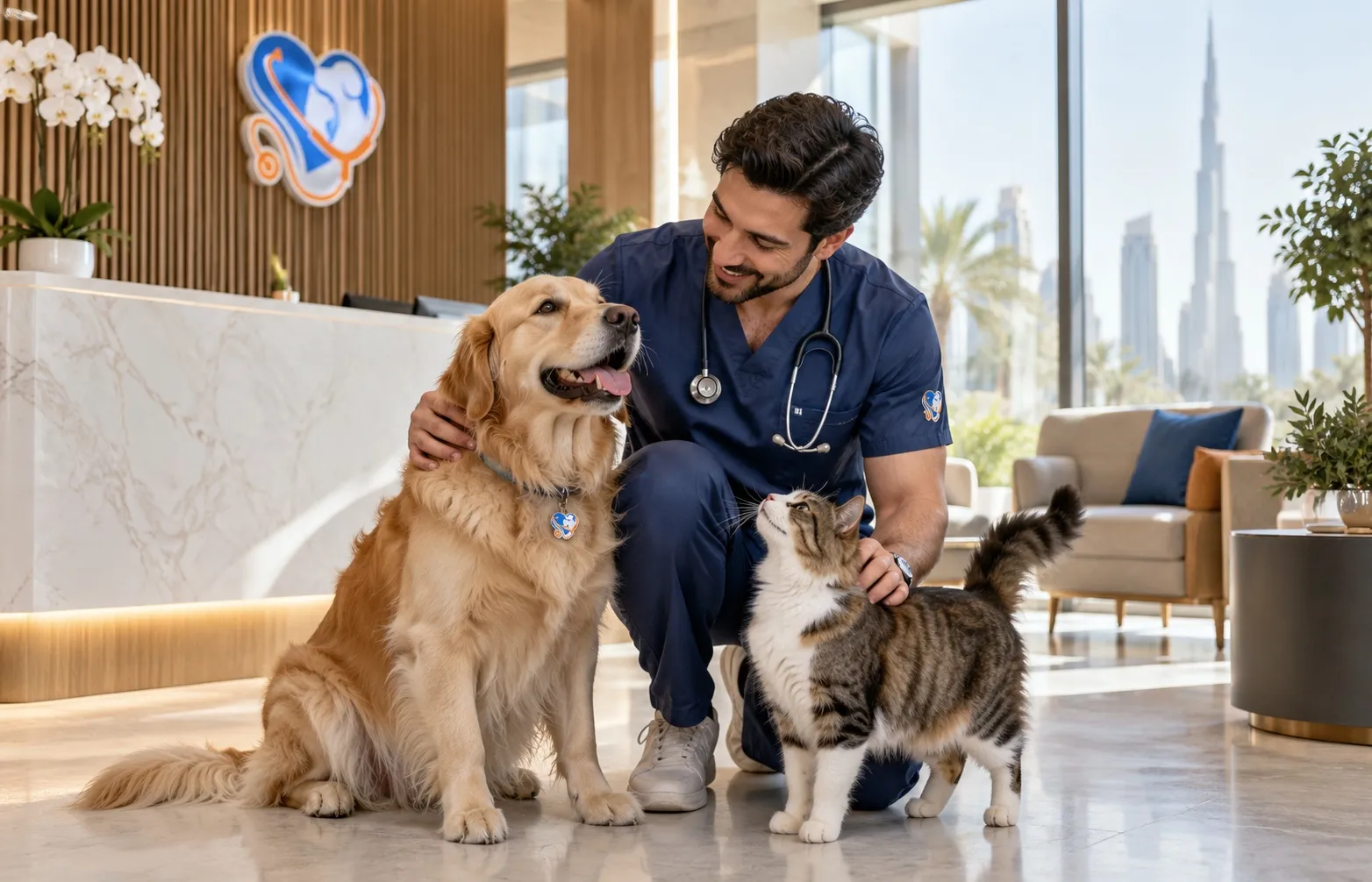 A Petbook vet kneeling to greet a golden retriever and a tabby cat in the clinic reception