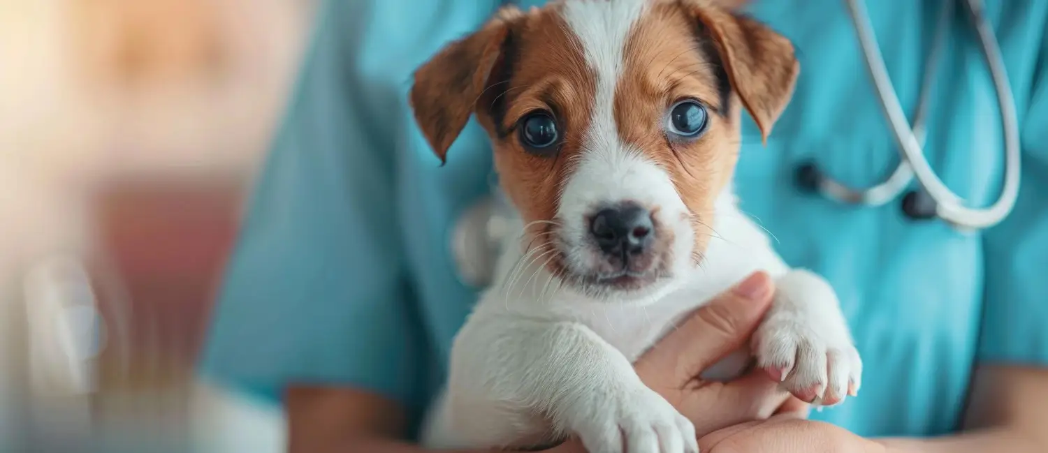 Veterinarian in teal scrubs gently holding a Jack Russell puppy during a routine health check