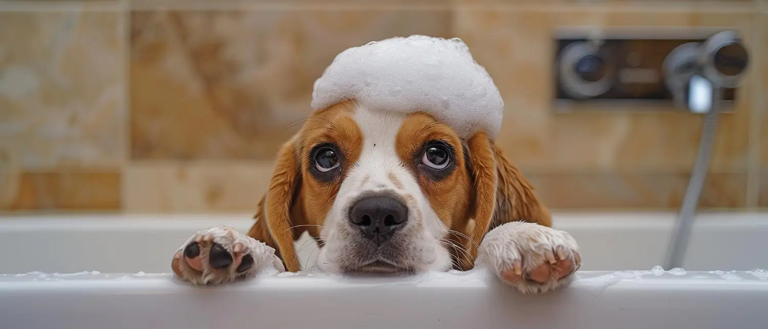 Beagle puppy resting its front paws on the rim of a white bathtub with a mound of shampoo foam on its head