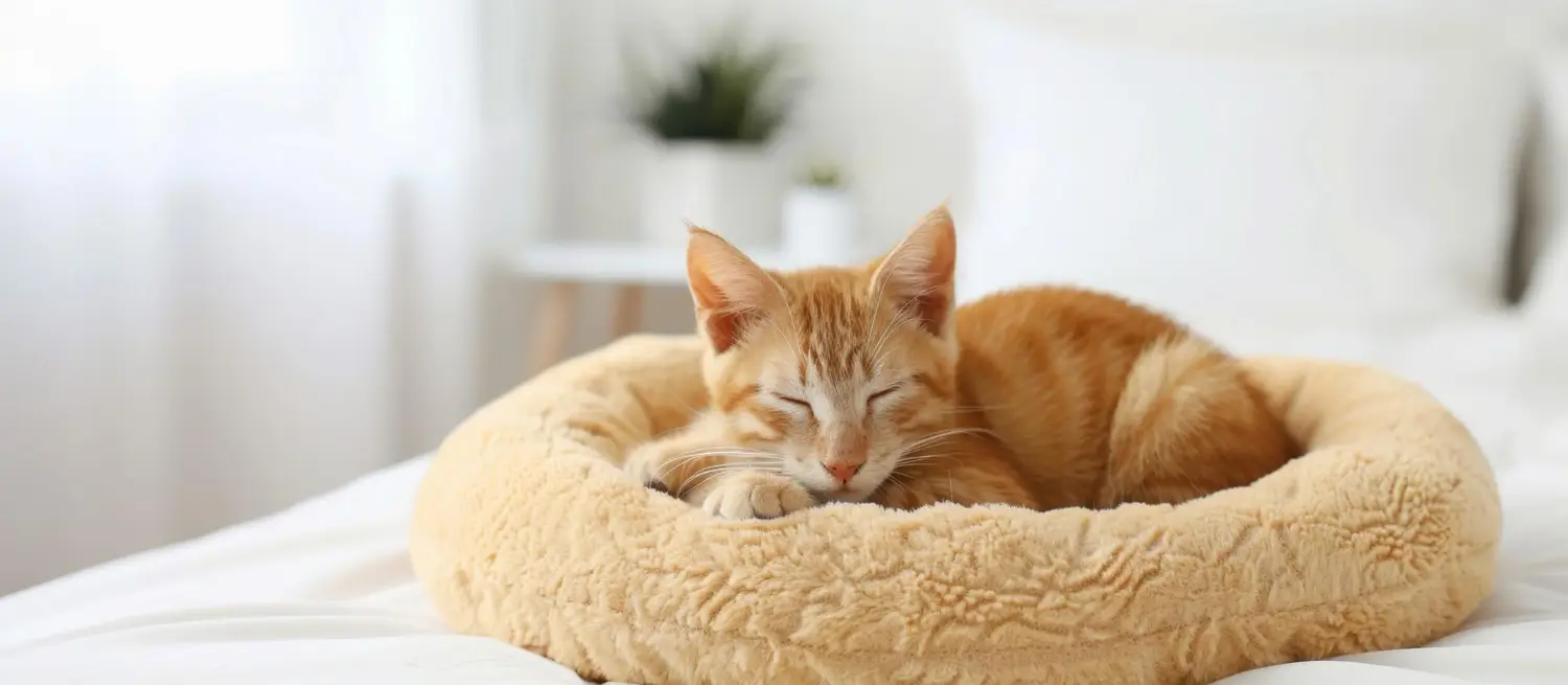 Ginger cat curled up asleep in a soft beige donut bed in a bright, airy room