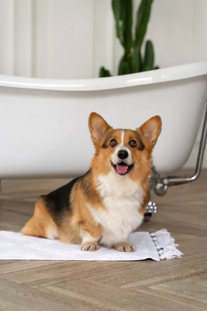 Tricolor Pembroke Welsh Corgi sitting on a white bath mat in front of a freestanding bathtub after a wash