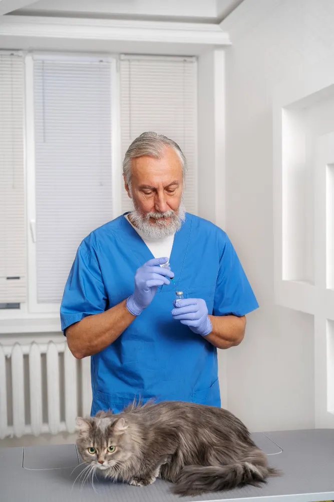 A licensed veterinarian standing beside a long-haired cat on the consult table