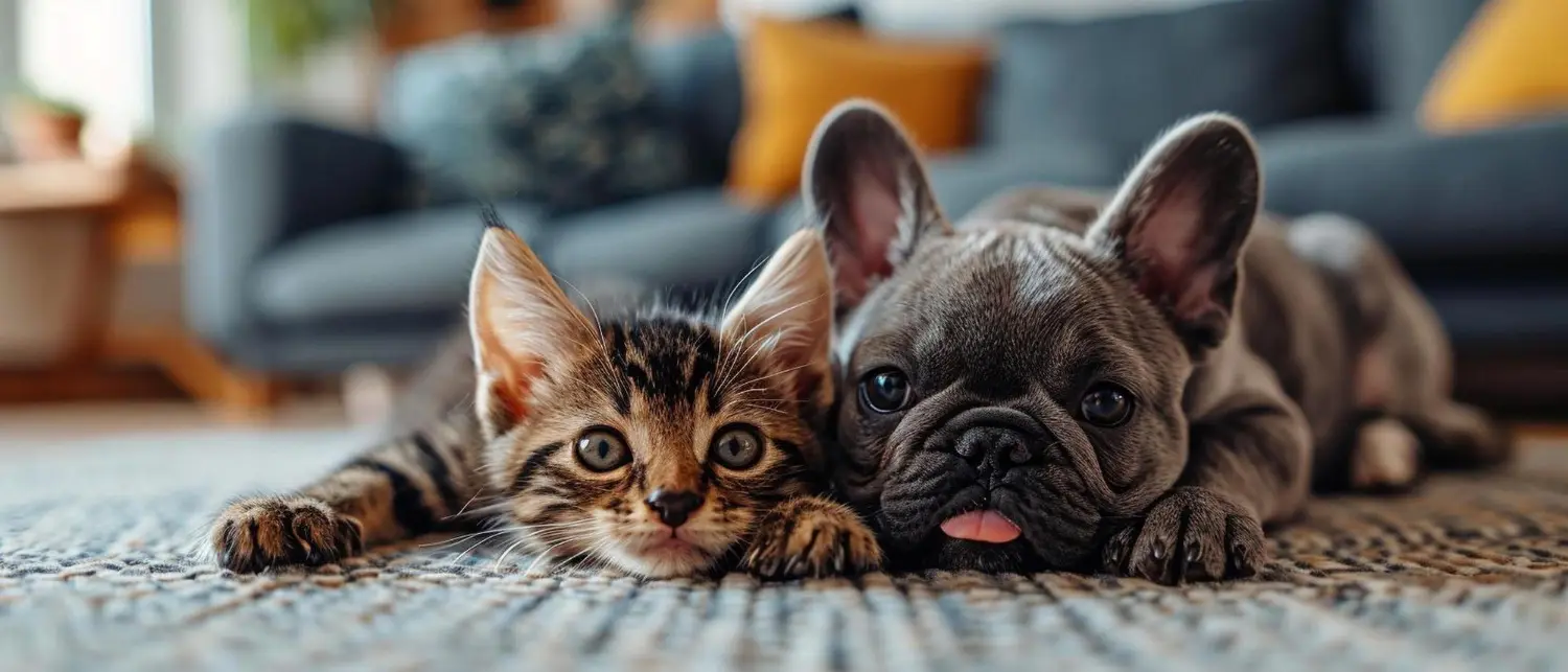 A tabby kitten and a grey French bulldog puppy lying side by side on a living-room rug at home