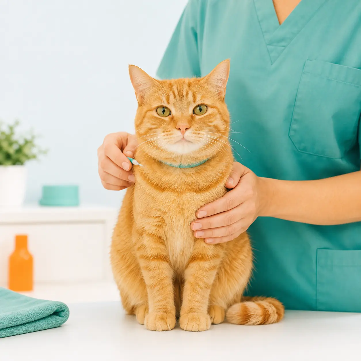 A calm ginger cat being vaccinated at Petbook Veterinary Clinic in Al Quoz, Dubai